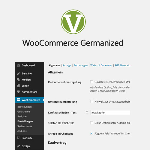Germanized for WooCommerce Pro 4.3.3 3 Germanized for WooCommerce Pro is a comprehensive WordPress plugin tailored to ensure your WooCommerce store complies with German and Austrian e-commerce laws. Packed with advanced features like legally compliant invoices, optimized checkout processes, and GDPR tools, it equips your store with everything needed for a professional and lawful shopping experience in the German market.