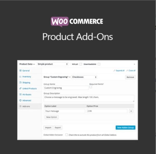 WooCommerce Product Add-Ons allows customers to customize products by adding extra options like text fields, checkboxes, and dropdowns.