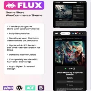 FLUX is a responsive WooCommerce theme designed for game stores, offering customizable options and seamless integration with WordPress page builders.