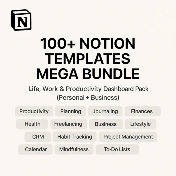 Take control of your life and work like never before with the Ultimate 100+ Notion Templates Mega Bundle—a powerful all-in-one solution crafted for creators, entrepreneurs, students, freelancers, and planners of all kinds.