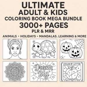 Ultimate Adult & Kids Coloring Book Bundle – 3000+ Pages | PLR & MRR | Animals, Holidays, Mandalas, Learning & More