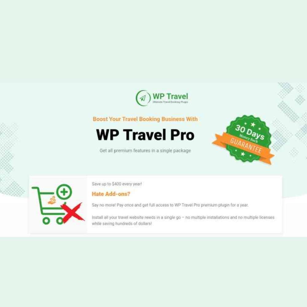 WP Travel Pro 9.4.0 3 WP Travel Pro is a powerful all-in-one travel booking plugin for WordPress, designed specifically for tour operators, travel agencies, and activity providers. It extends the free WP Travel plugin with premium features such as advanced trip filters, multiple payment gateways, group pricing, trip addons, and custom booking forms — making it easy to manage, promote, and sell travel packages online.